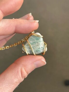 Amazonite Gold Tone Wire Wrap Necklace